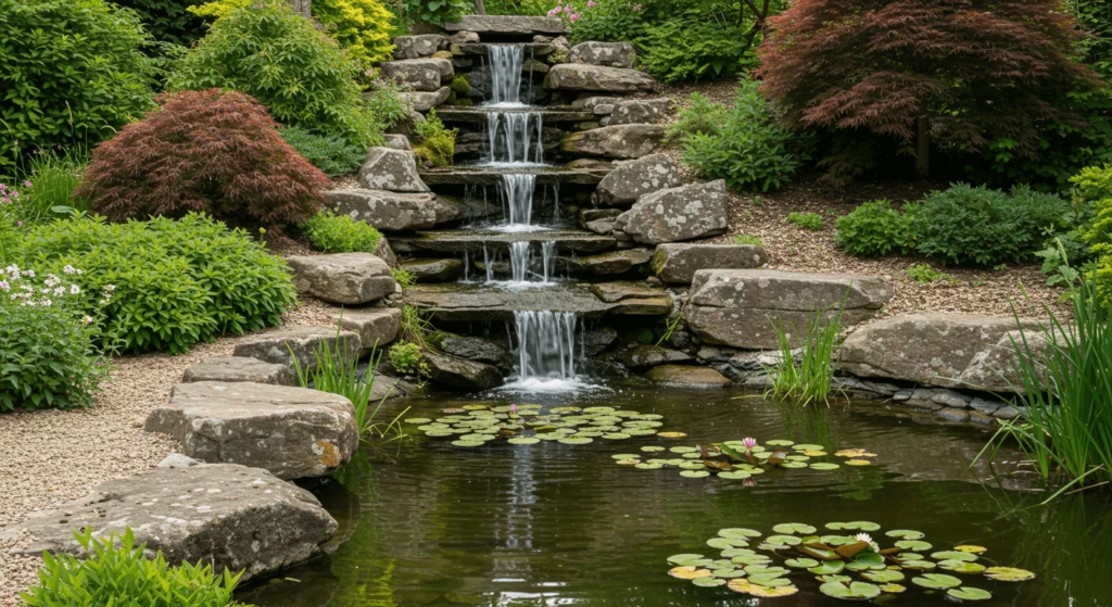A still pond reflecting the beauty of surrounding trees and flowers.
