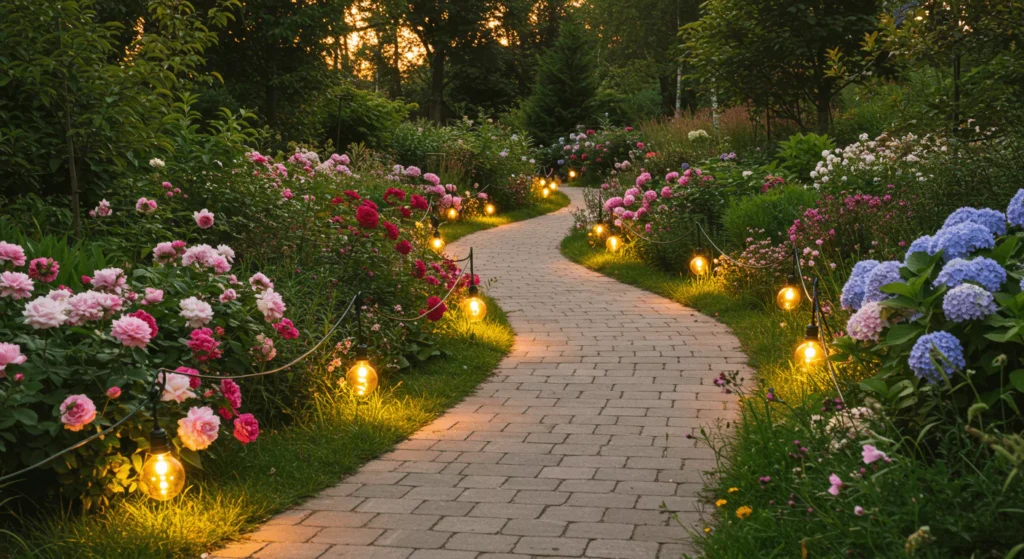 A paved pathway to lush green garden