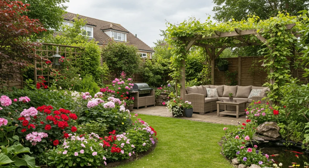 lush backyard garden with colorful flower beds